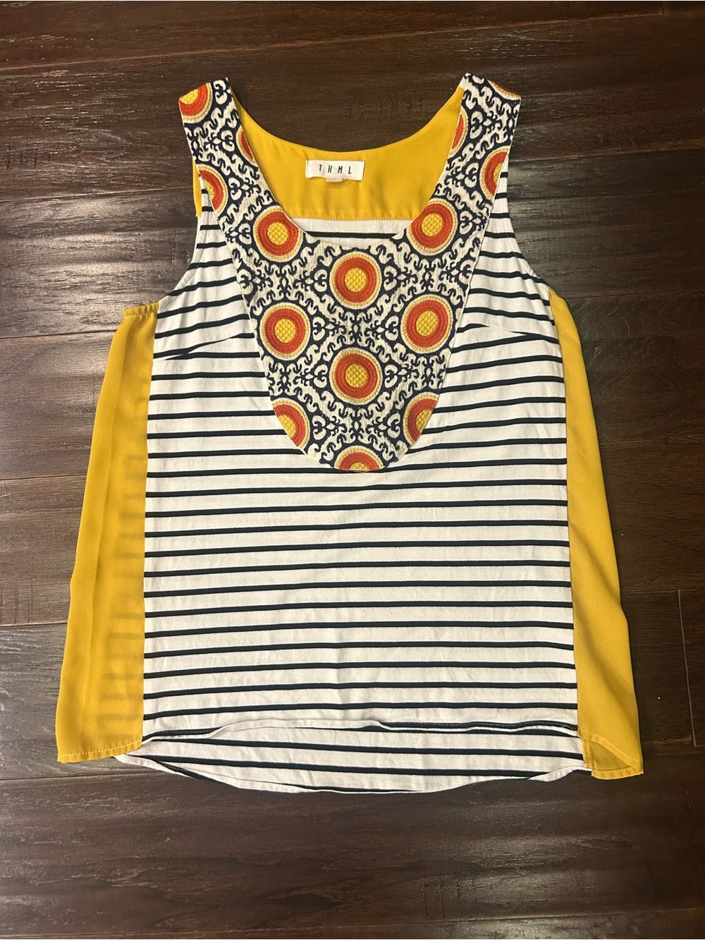 THML Striped Navy & Yellow Mixed-Print Scoop Tank